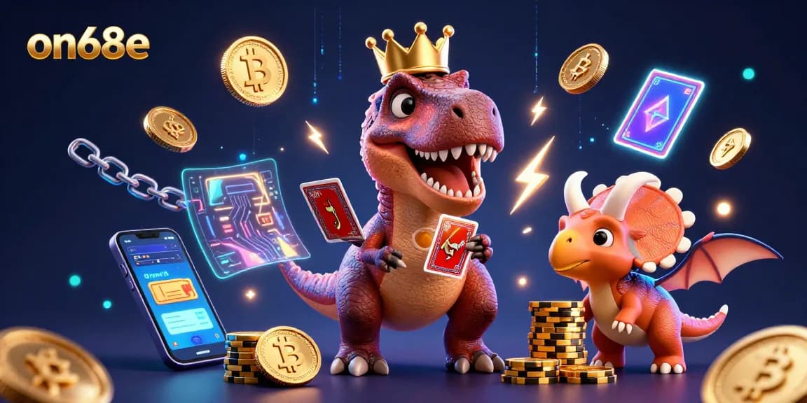 Engage with on68e's thrilling gaming world as a friendly T-Rex shuffles cards while a pterodactyl assists!