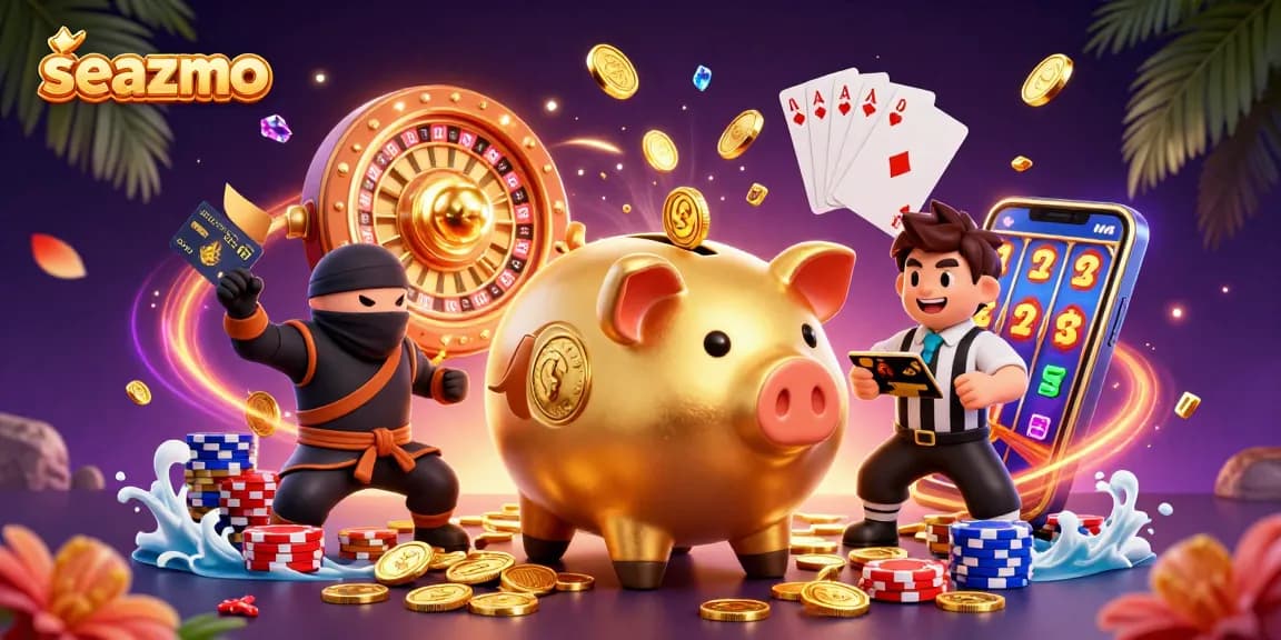 seazmo players enjoying a thrilling casino showdown with piggy bank sumo wrestler and a wallet-ninja.
