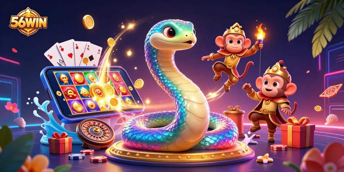 Experience thrilling games with 56WIN's vibrant 3D casino scene showcasing fun characters and dynamic gambling elements.
