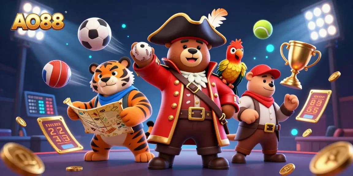 Engage with AO88's vibrant casino scene featuring a pirate captain and sports elements in action.