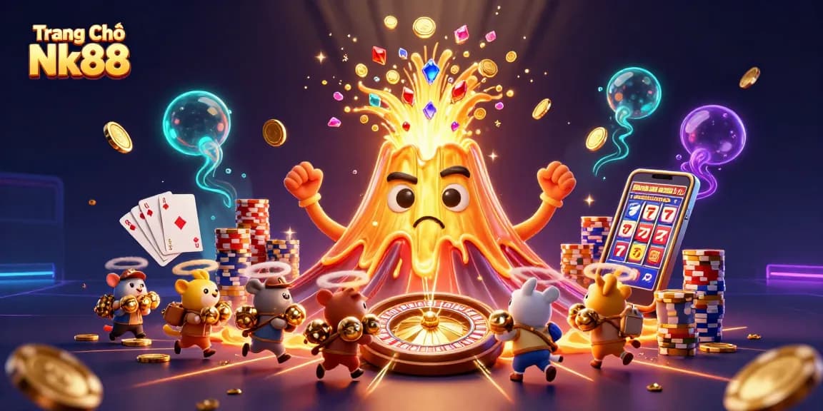 Engage with Trang Chủ Nk88's thrilling gaming experience, featuring a golden volcano overflowing with gems and riches.
