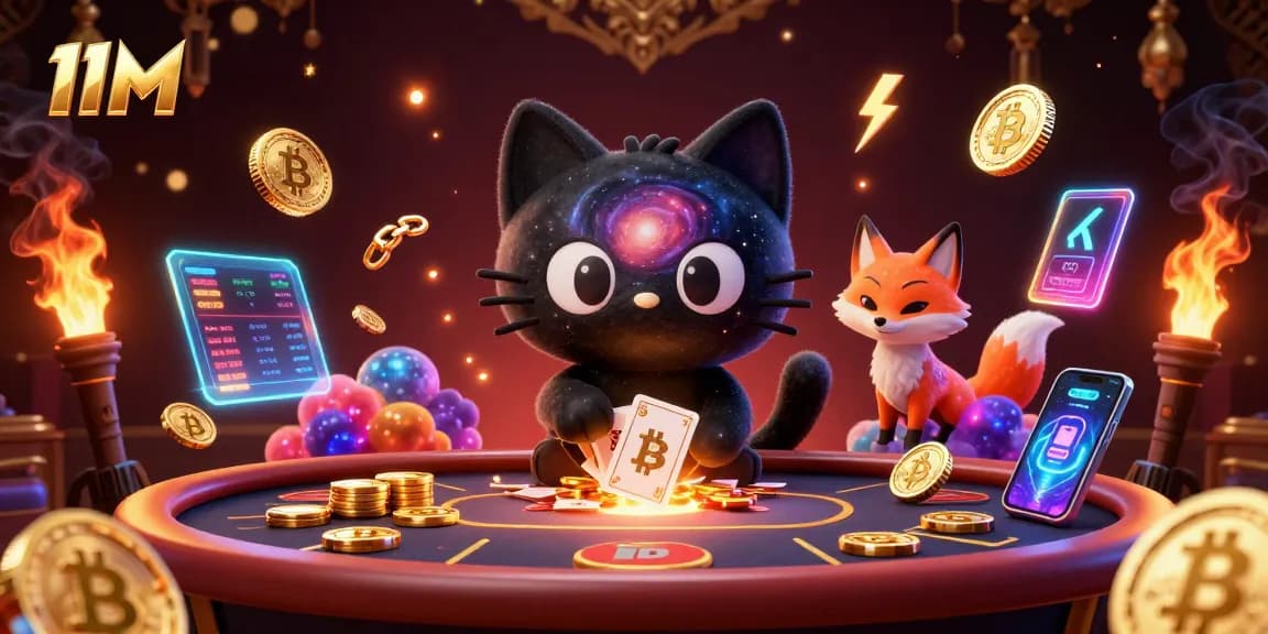 Engage with the cosmic casino action at 11M, featuring a black hole cat and bitcoin elements.