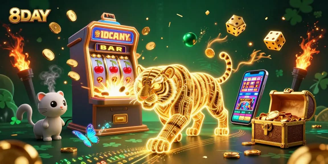 Experience the excitement of 8DAY as a golden tiger navigates a vibrant casino, showcasing thrilling jackpots.