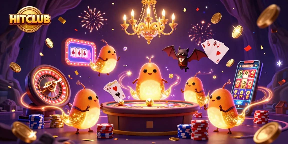 HITCLUB celebrates with glowworms lighting up a vibrant casino cave, showcasing exciting games and golden coins.