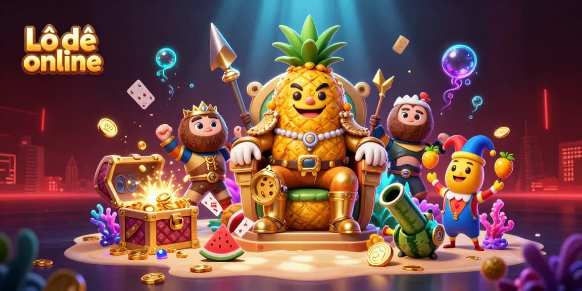 Engage with Lô đề online through an exciting 3D illustration of a tropical casino scene with diverse characters.