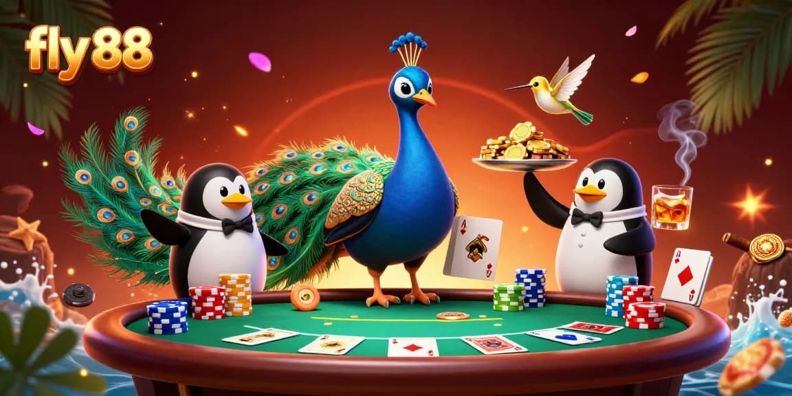 Engage in gameplay at fly 88 featuring an aristocratic peacock in a vibrant casino setting.