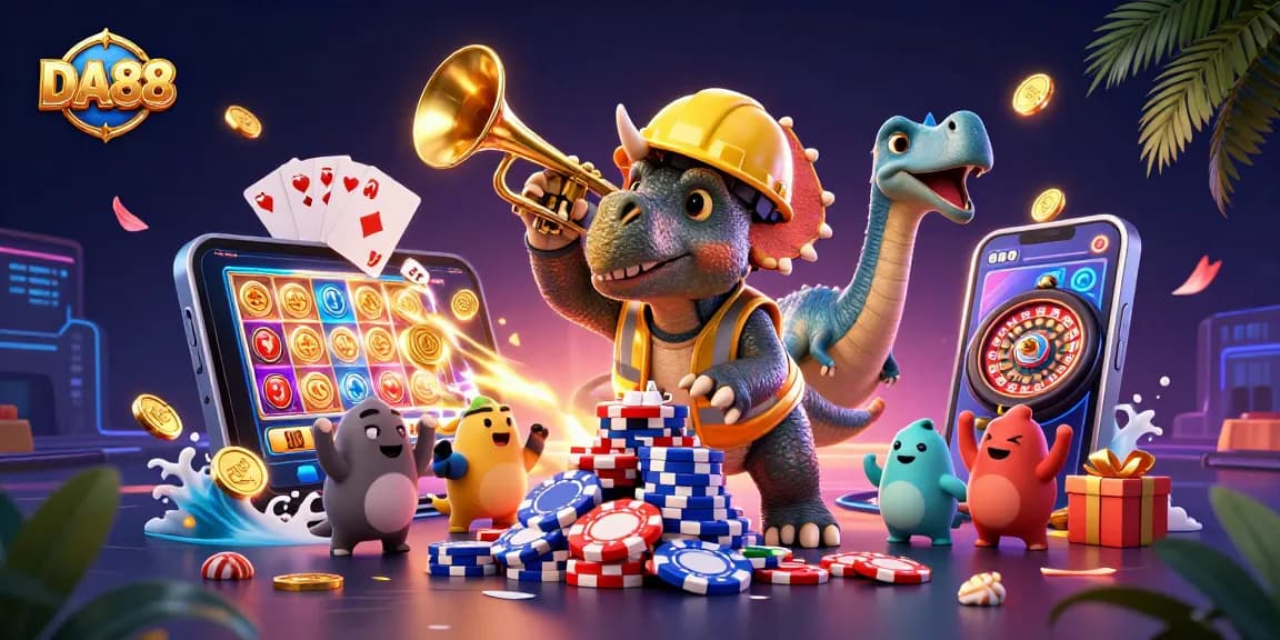 Build your winning strategy with DA88's vibrant casino-themed 3D illustration showcasing gaming elements.