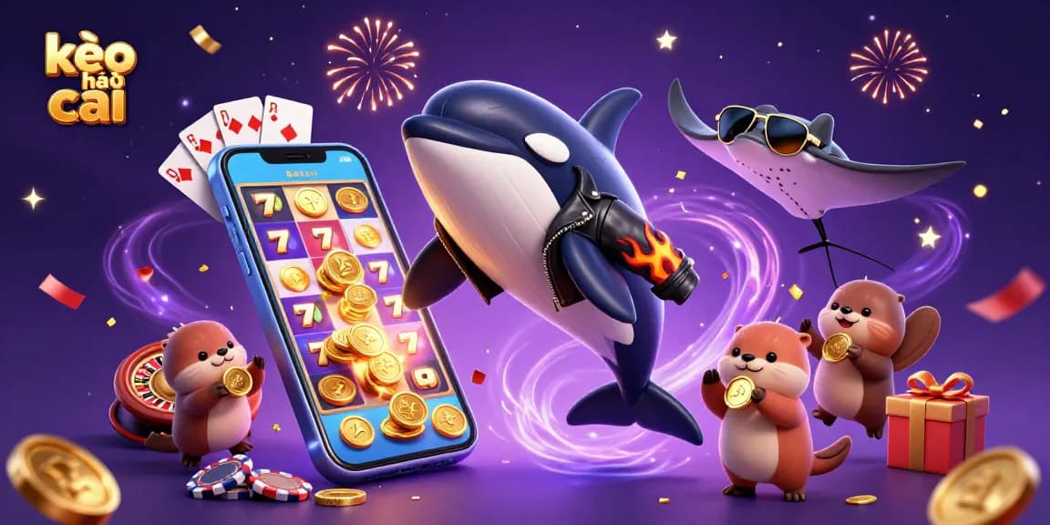 Engage in kèo nhà cái action with a vibrant scene of a playful orca, stingray, and sea otters amidst casino elements.