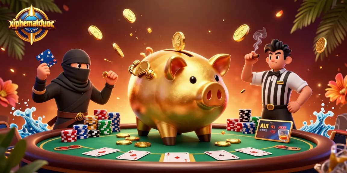 xiphematchuoc features a golden piggy bank sumo wrestler celebrating a poker victory with dynamic casino elements.