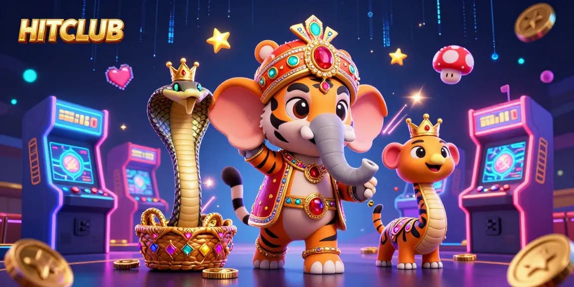 Experience HITCLUB's vibrant gaming universe with a maharaja tiger on an elephant, offering thrilling casino entertainment.