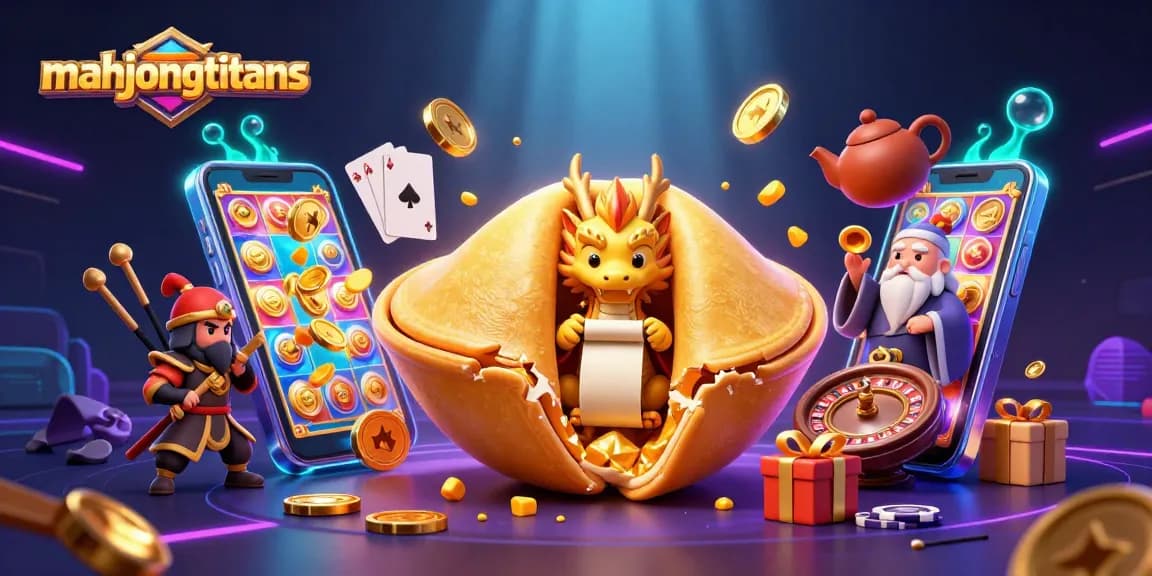 Engage with mahjongtitans as a tiny dragon reads fortunes from a golden cookie amidst dynamic casino elements.