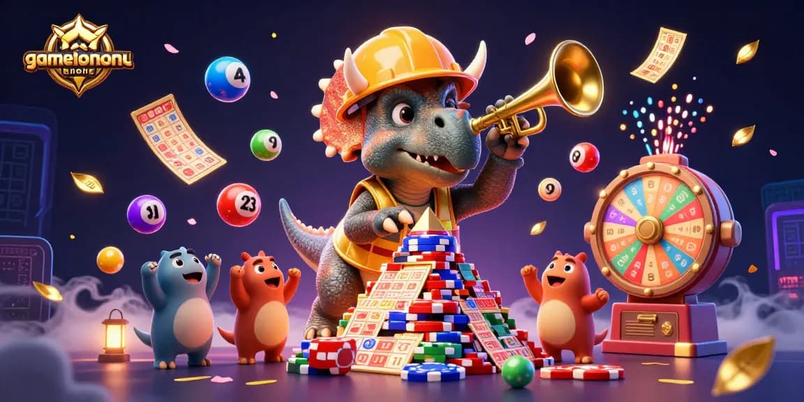gamebancanohu brings excitement as a triceratops builds poker chip pyramid in a vibrant gaming scene