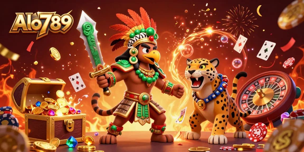 Alo789 showcases the thrill of live gaming with Aztec warriors amidst vibrant casino elements.