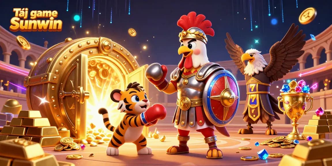 Tải game Sunwin with exciting slots and gold treasures in a dynamic 3D casino illustration.