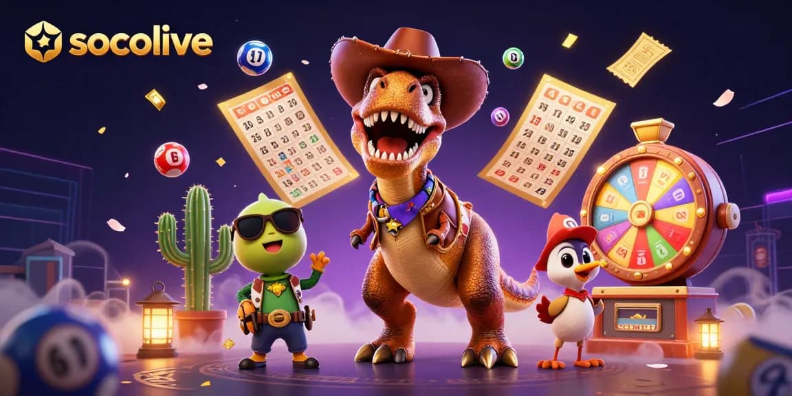 Socolive delivers vibrant gaming experiences with a cartoon dinosaur and colorful lottery elements engaging in action.