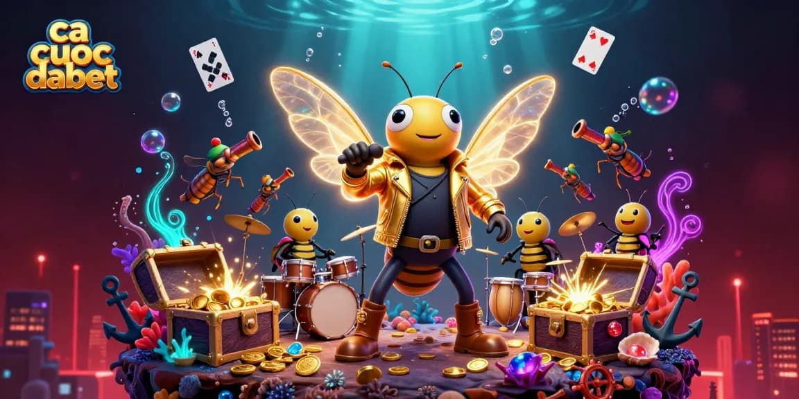 Engage with the vibrant ca cuoc dabet scene showcasing a rock star cicada alongside gaming elements and treasures.