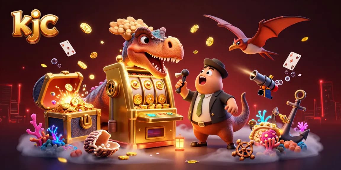 KJC offers an engaging casino experience with a cartoon pachycephalosaurus celebrating jackpot wins through dynamic gambling actions.