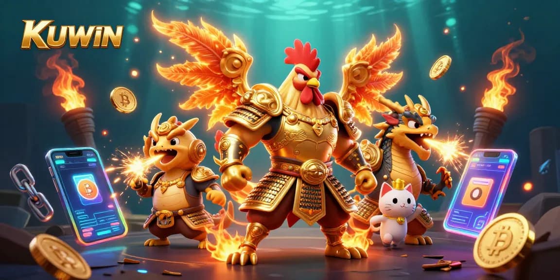 Engage with KUWIN's thrilling gaming experience featuring a fierce rooster and dragon amidst crypto elements.