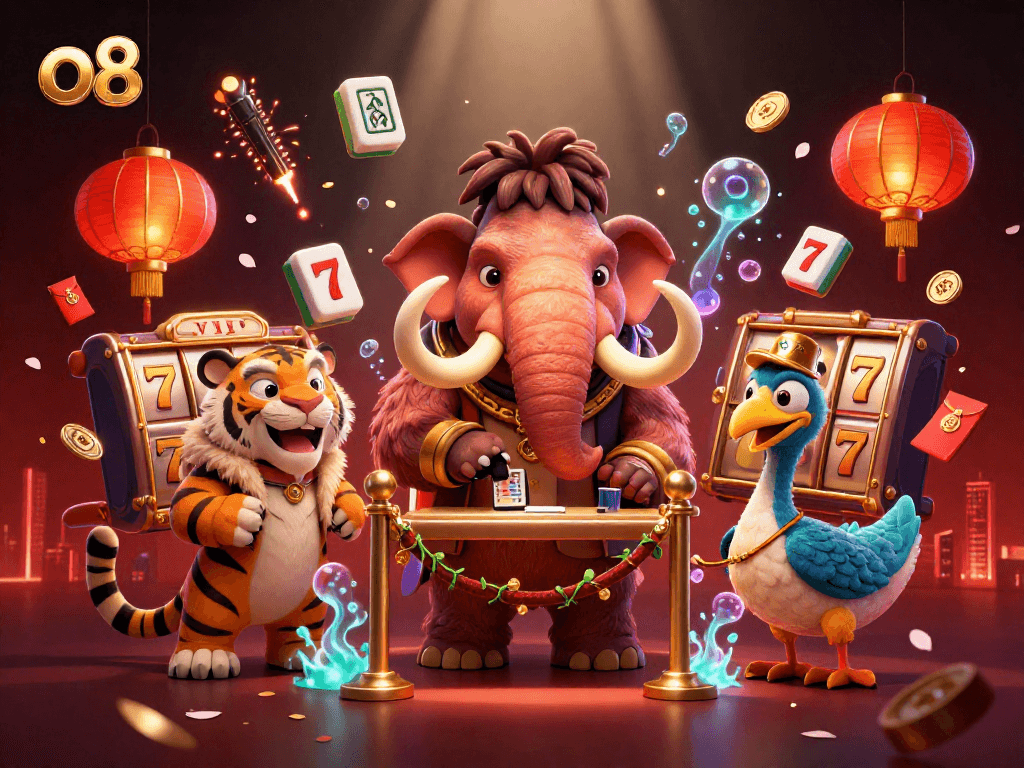 Experience thrilling games at the o8 casino with a vibrant scene featuring engaging characters and spectacular visuals.