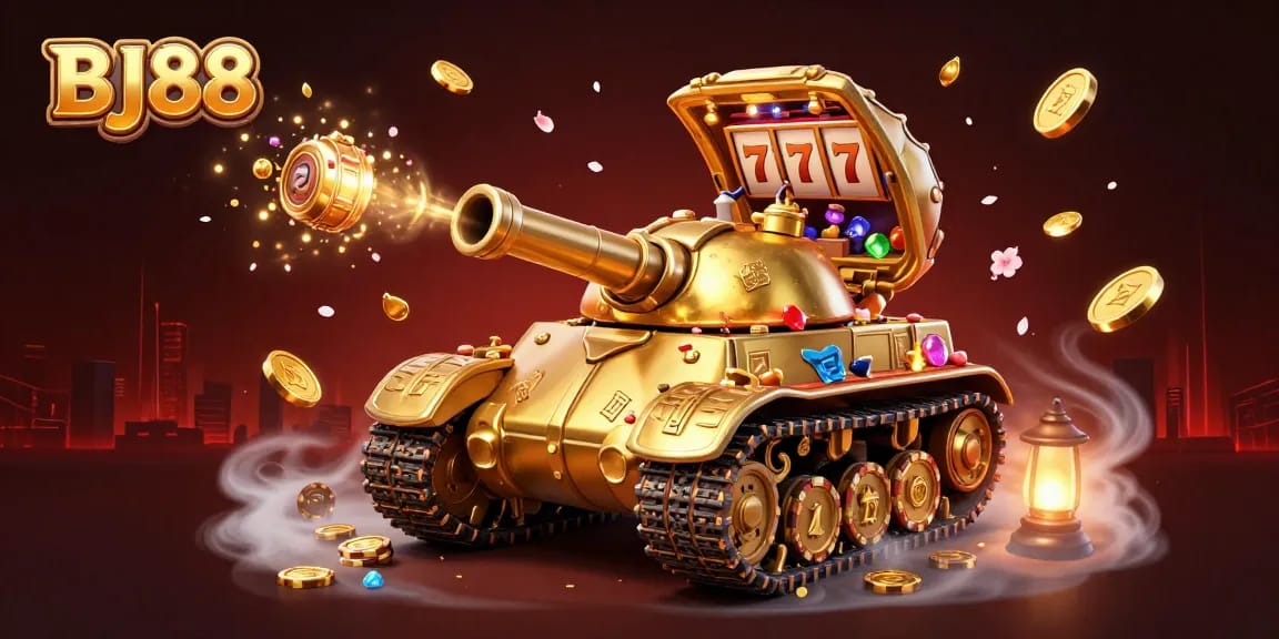 BJ88 showcases immersive 3D gaming with vibrant slot reels and dynamic casino scenes in a gold-themed extravaganza.