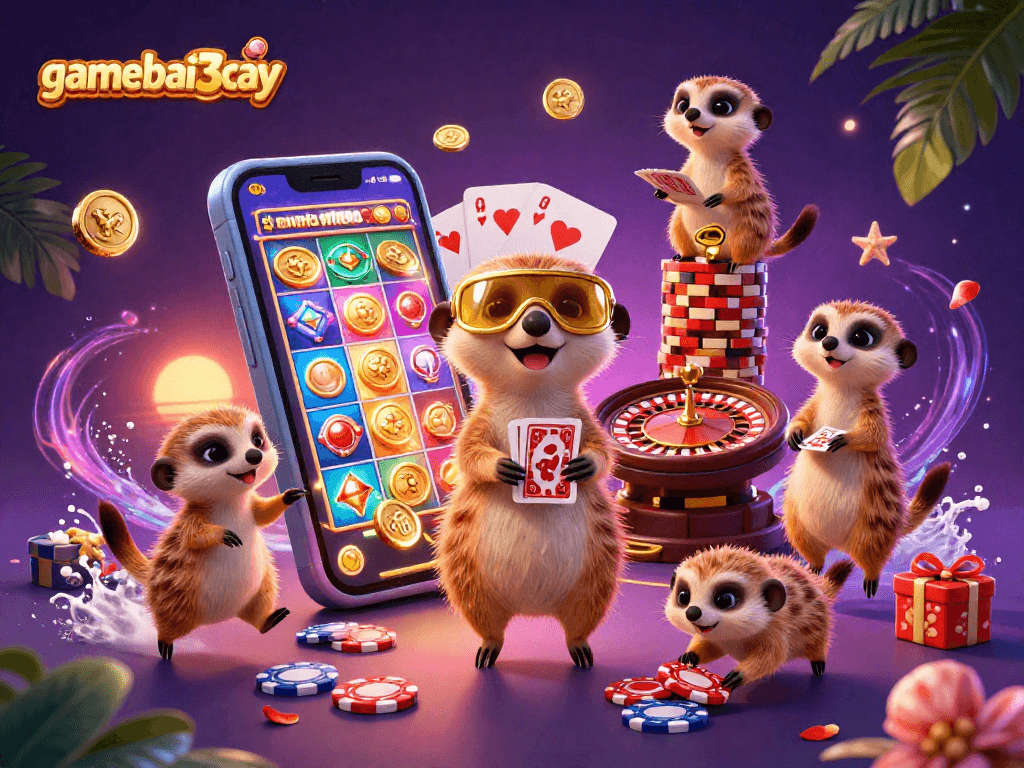 Experience thrilling action at gamebai3cay with lively meerkats managing a vibrant casino scene.