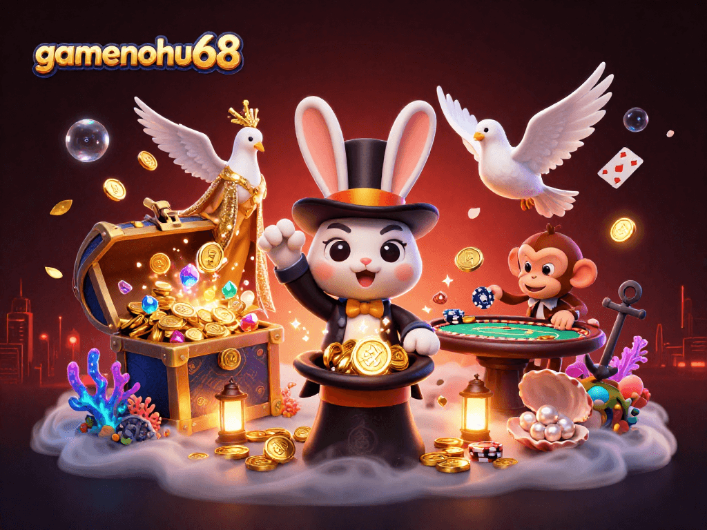 Experience thrilling magic at gamenohu68 with a magician rabbit, poker chips, and dazzling casino elements!