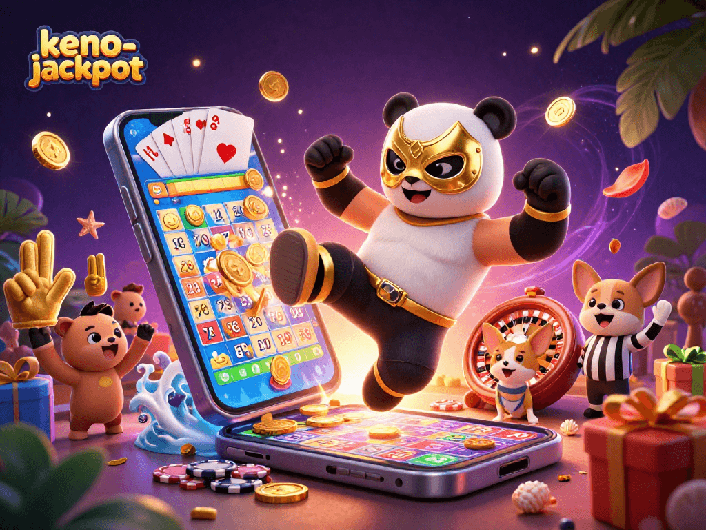 Engage with the thrilling keno-jackpot experience featuring a vibrant 3D scene of characters and game elements.