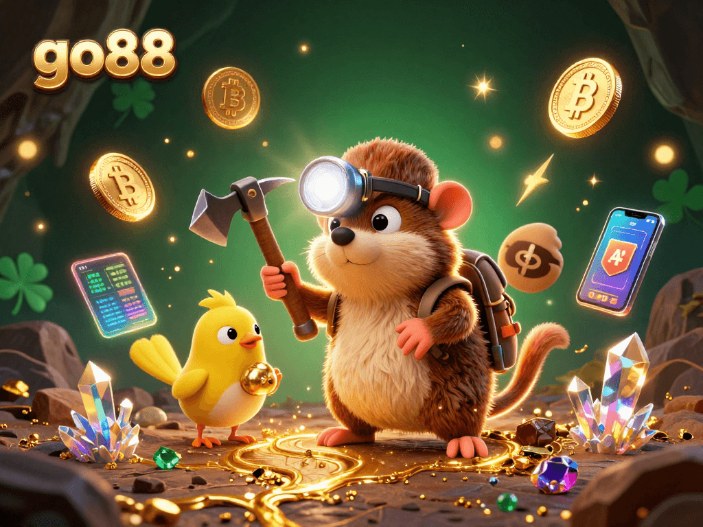 Engage in thrilling crypto mining at go88 with a charming mole and treasures glowing in a vibrant cave.
