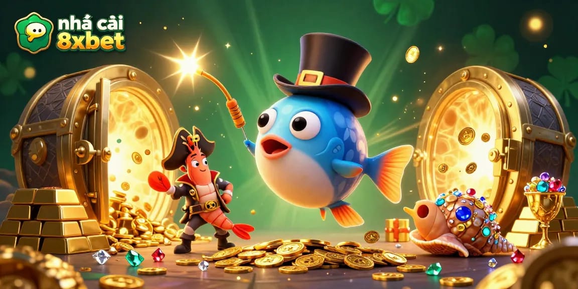 Unveil treasures with nhà cái 8xbet in a vibrant underwater casino scene featuring glowing coins and character camaraderie.