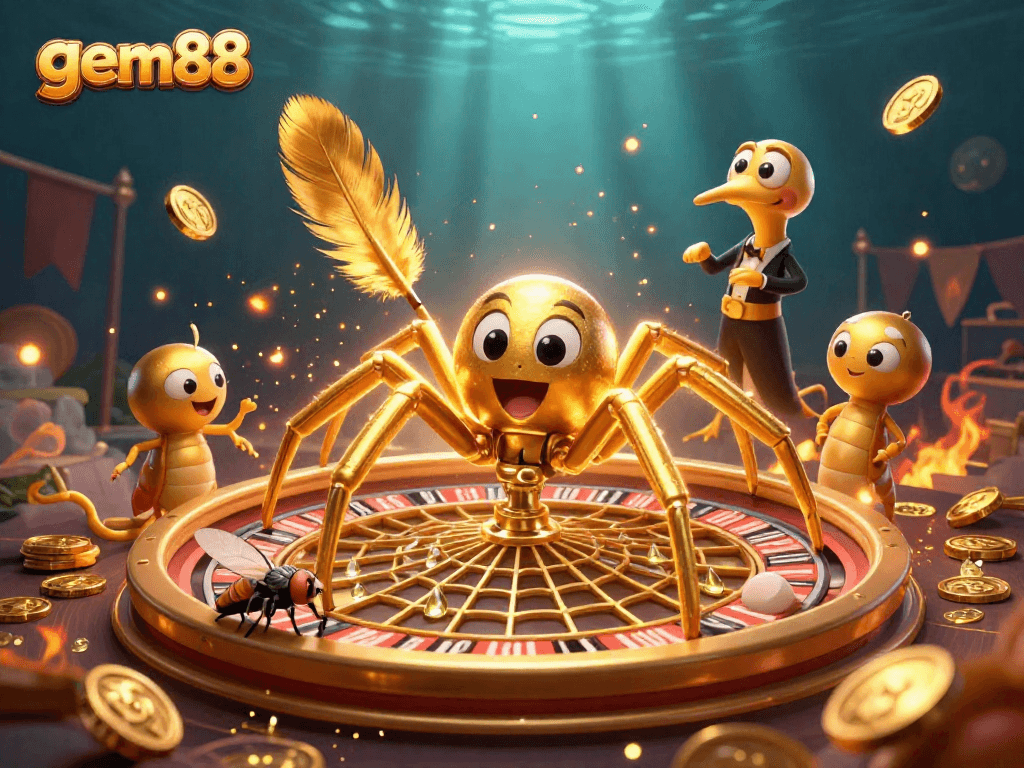 Engage with gem88's thrilling casino atmosphere through this vibrant 3D illustration of a roulette-themed scene.