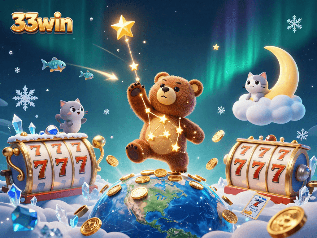 33win captures players' excitement with a constellation bear, coins, and vibrant slot elements.