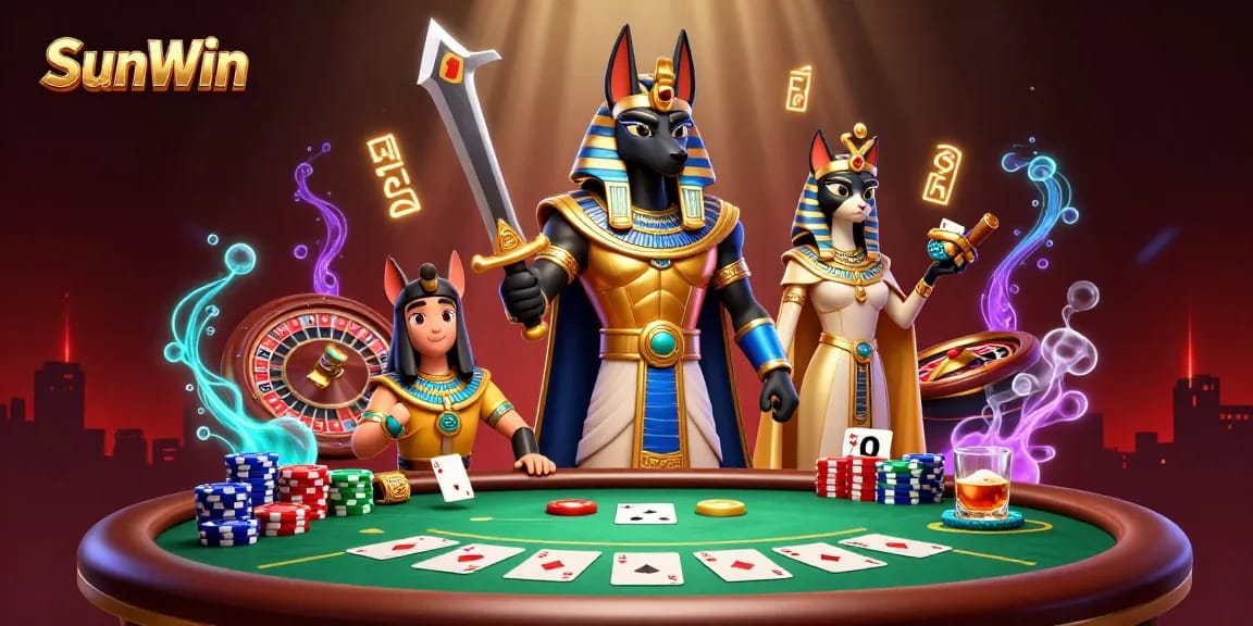 Experience thrilling poker action with SunWin featuring Anubis and Bastet in this vibrant casino scene.