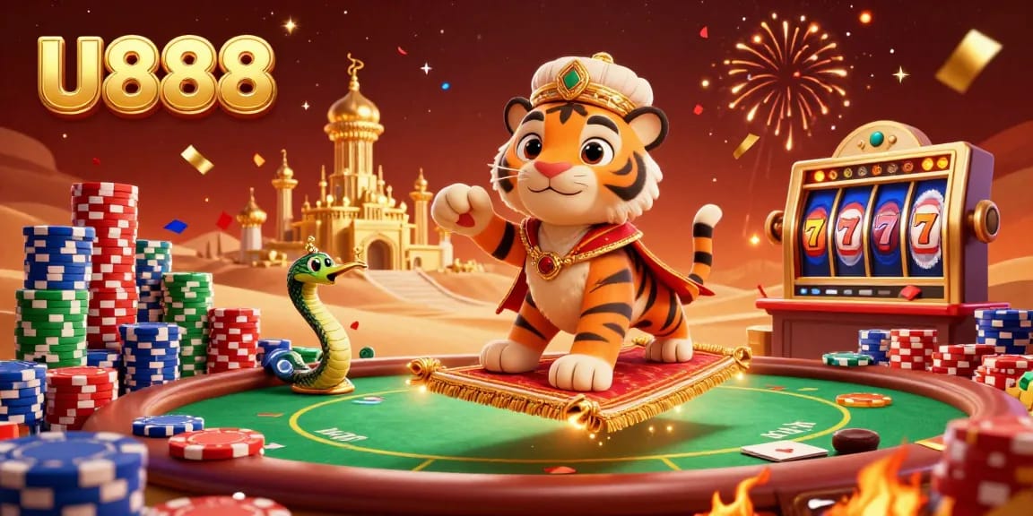 Experience thrilling wins at U888 with a vibrant scene of gambling elements and festive celebration.