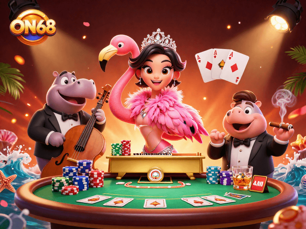 Experience the vibrant world of ON68 with lively characters and exciting casino elements.