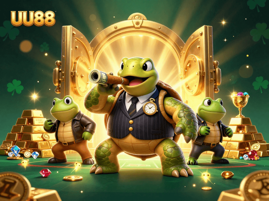 UU88 players enjoy a vibrant casino scene with a snapping turtle and bullfrog enforcers amidst treasure vaults and gems.