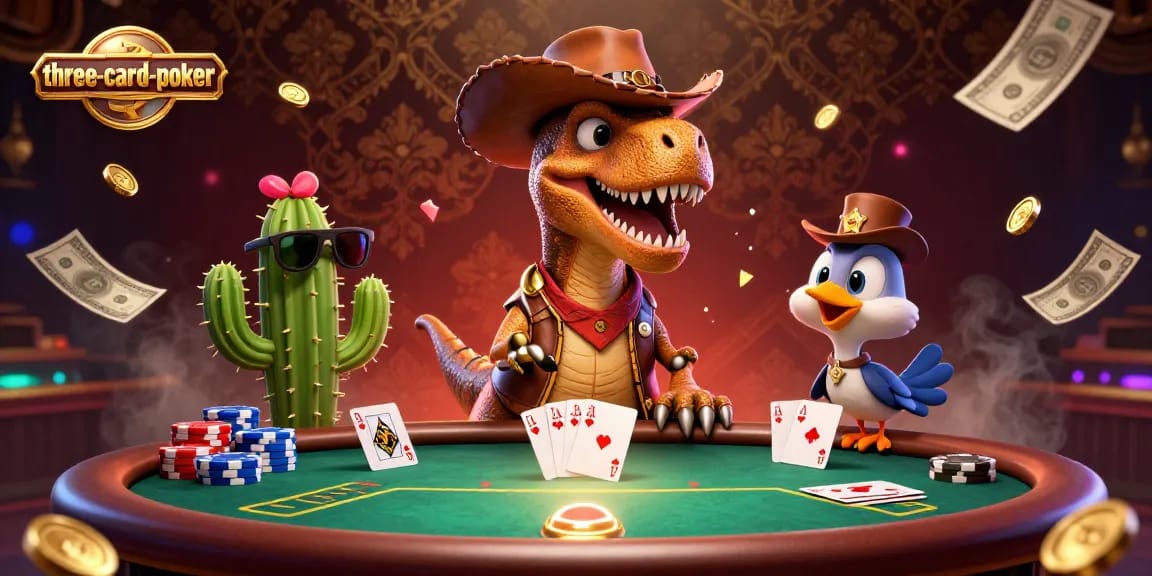 Experience exciting three-card-poker action with a colorful scene featuring a T-Rex, cactus sidekick, and a roadrunner in a casino atmosphere.