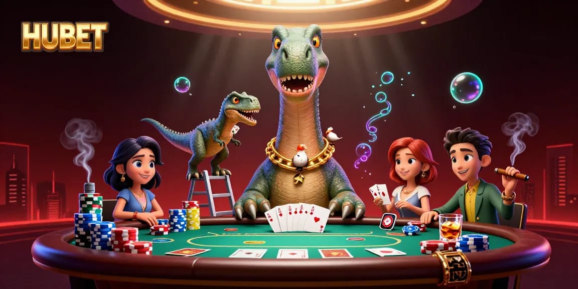 HUBET players experience thrilling poker with a giant dinosaur dealer and colorful chip stacks.