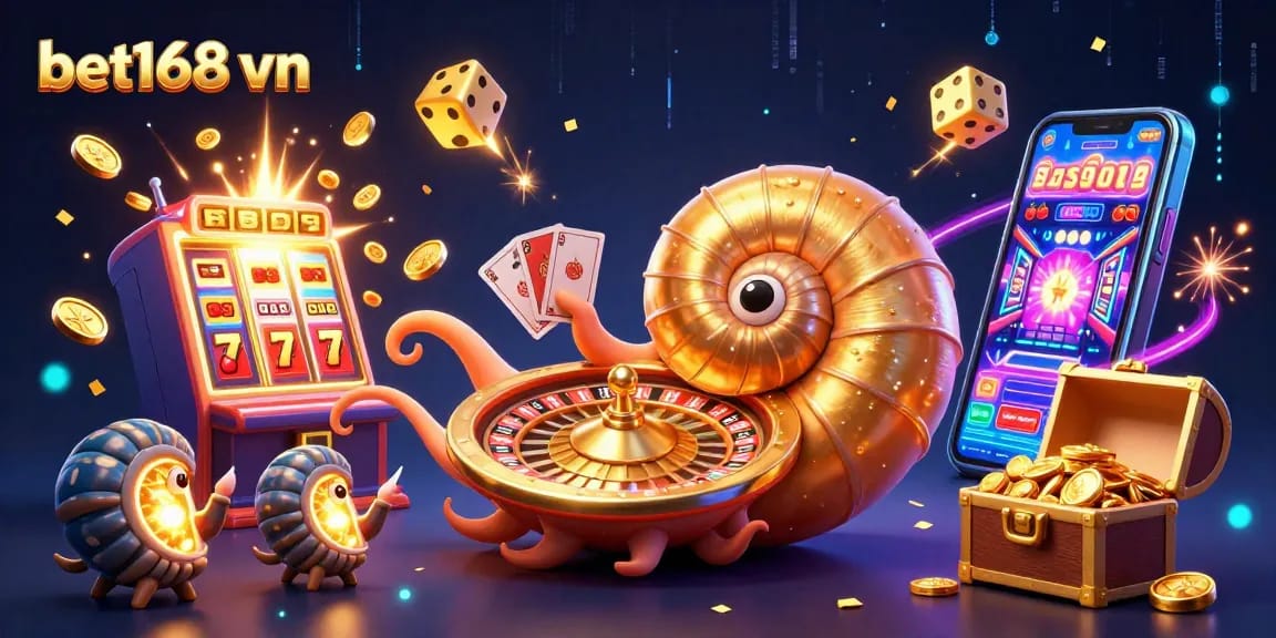 Experience thrilling gaming with bet168 vn on an animated casino scene showcasing logo, cards, and jackpots.