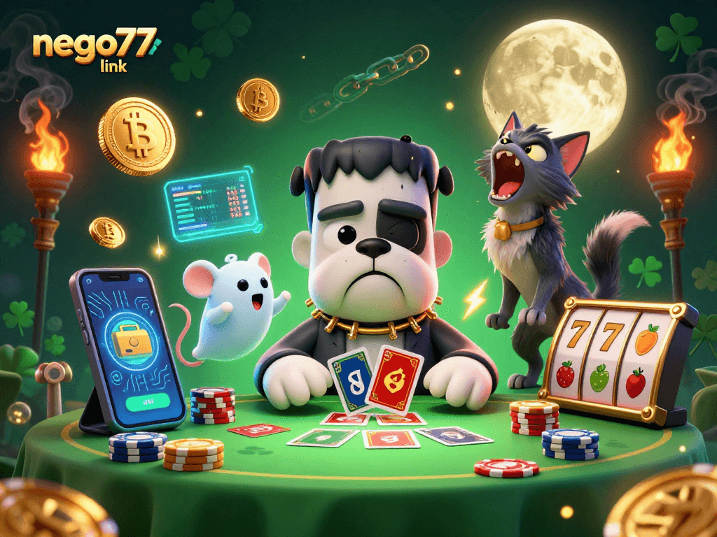 Engage with the exciting nego77 link as the Frankenstein bulldog deals cards amid neon crypto elements.