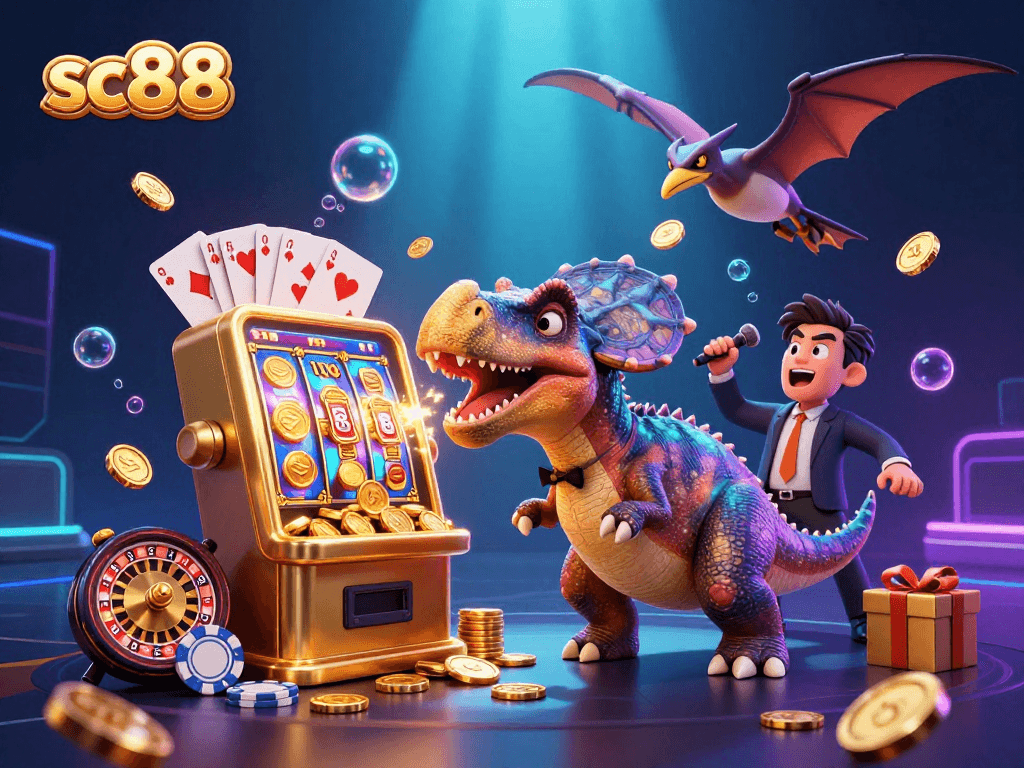 sc88 showcases a 3D pachycephalosaurus hitting a slot machine for jackpot coins in a lively casino scene.