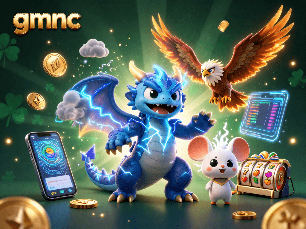 Engage with gmnc in a vibrant 3D casino world featuring dynamic characters and cryptocurrency elements.