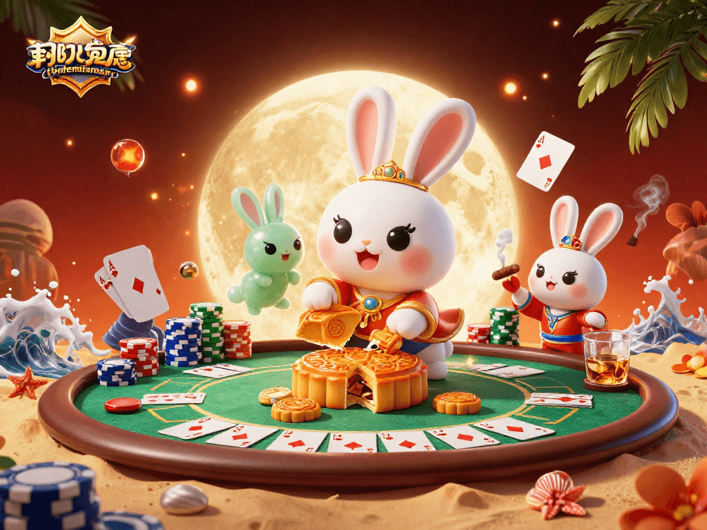 Experience exciting poker action with tienlenmiennam as a moon rabbit reveals poker chips in a vibrant casino scene.