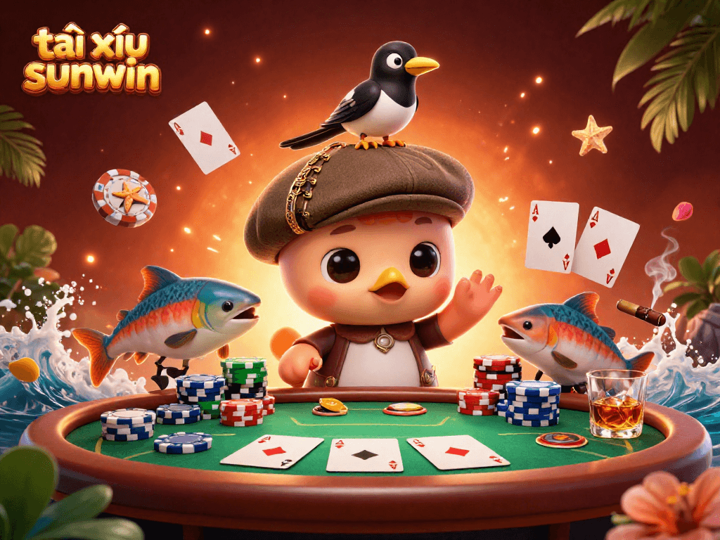 Experience the thrill of tài xỉu sunwin with playful characters amidst dynamic casino elements.