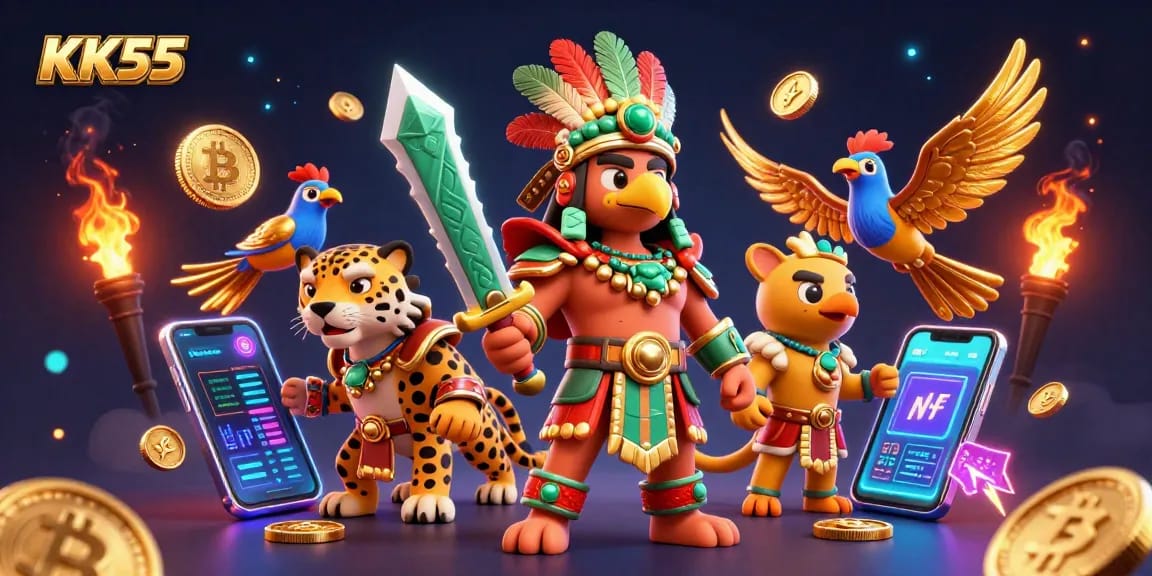 Engage with KK55's vibrant world of online gaming featuring Aztec warriors and cryptocurrency.