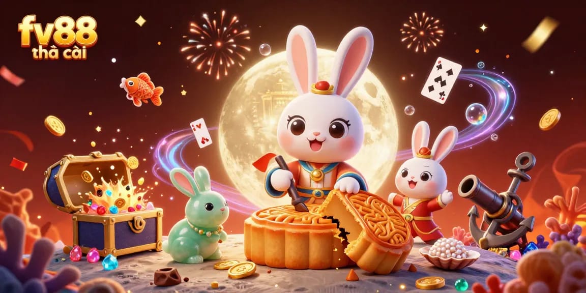 Engage in exhilarating gaming with fv88 nhà cái, featuring colorful chips hidden in mooncakes and vibrant casino elements.