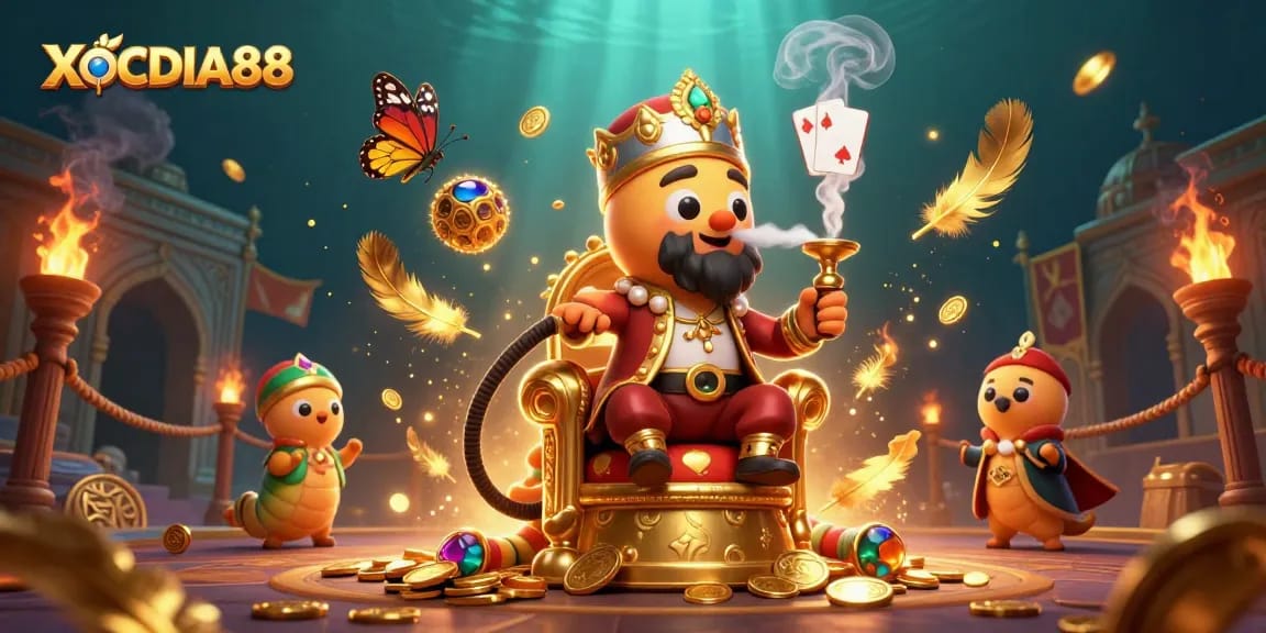 Experience the thrilling world of XOCDIA88 with a vibrant 3D illustration showcasing a whimsical caterpillar master surrounded by gaming elements.