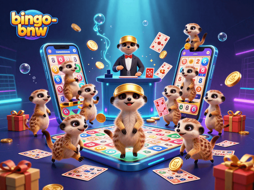 Bingo-bnw offers an engaging scene of meerkats in a bustling bingo game operation, showcasing excitement and vibrant game elements.