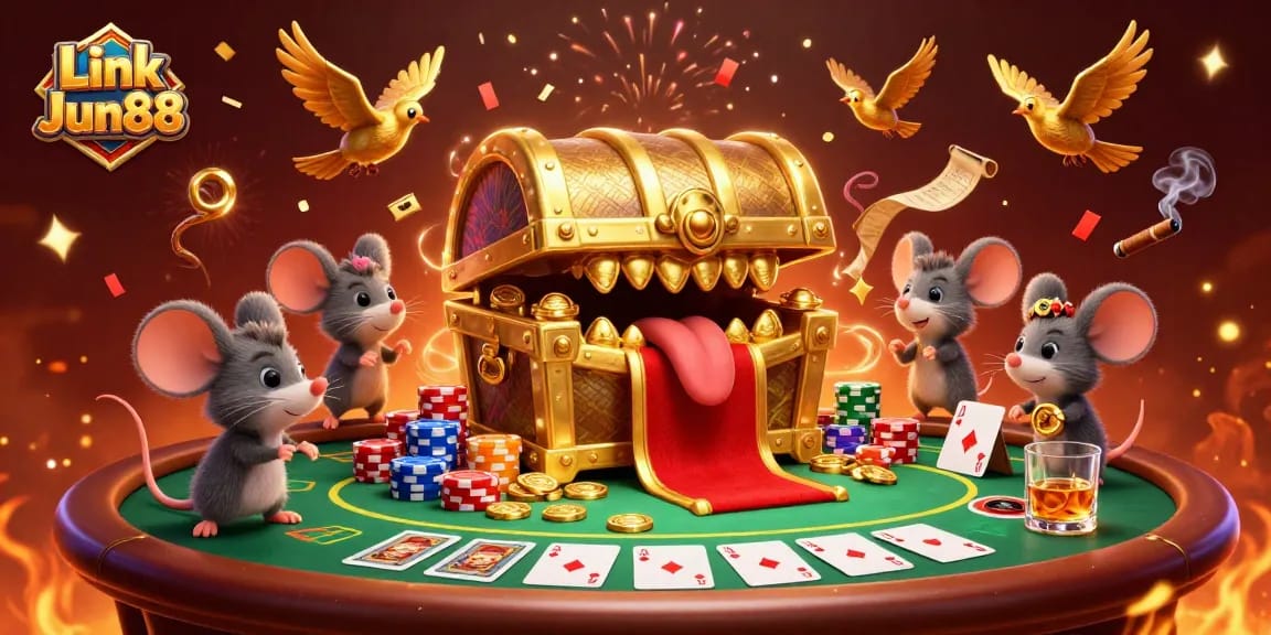 Experience thrilling wins at Link Jun88 with a fun 3D casino illustration filled with poker elements.