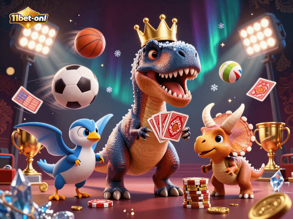 Experience thrilling gameplay with 11bet-onl featuring cartoon dinosaurs engaged in card shuffling and chip stacking.