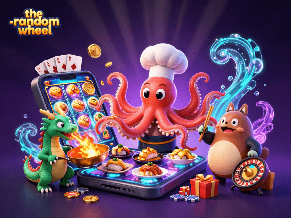 The-random-wheel showcases an exciting 3D cartoon scene of a sushi chef octopus, dragon, and tanuki in a colorful casino setting, enhancing gaming experience.